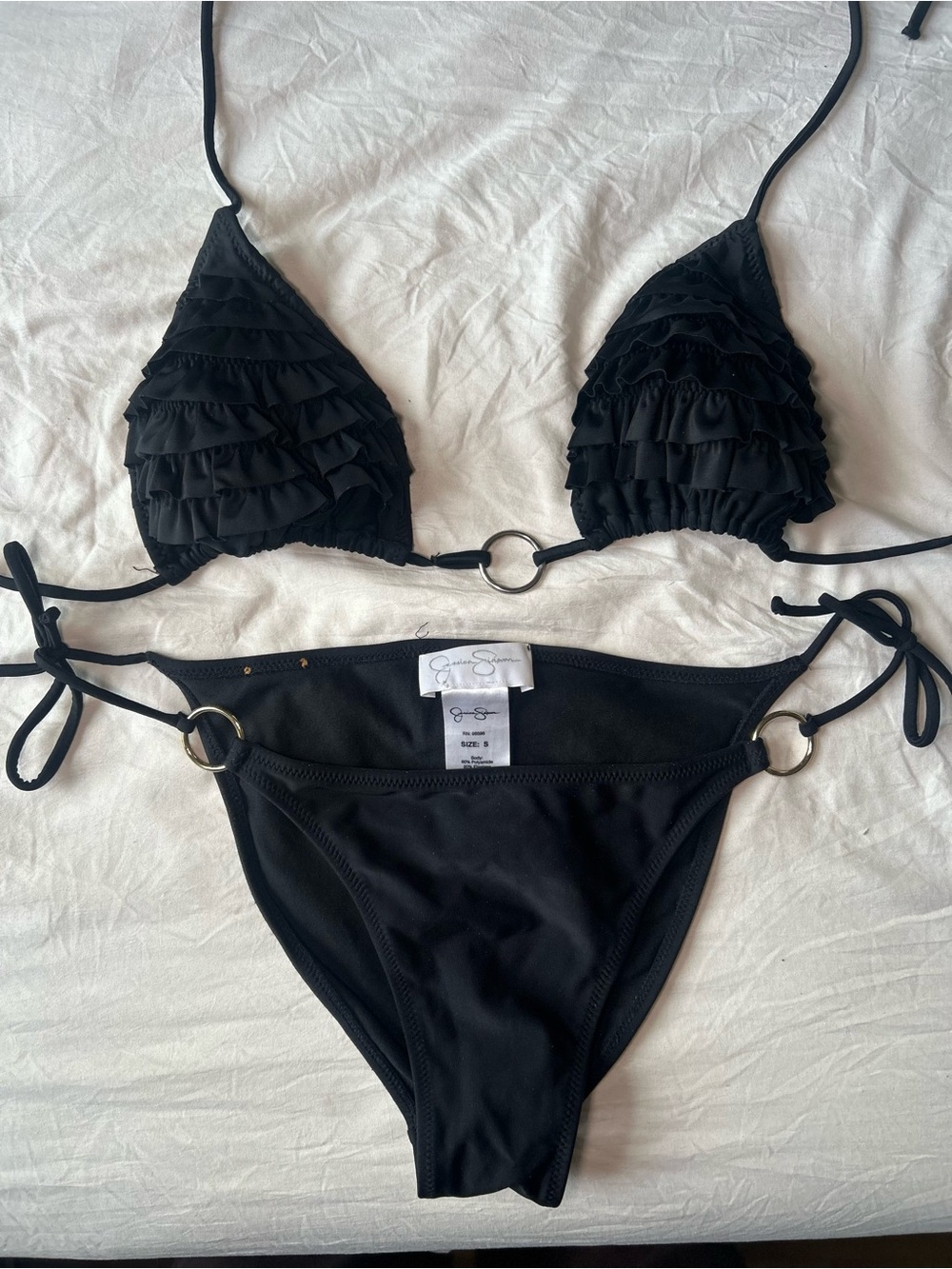 Jessica Simpson Black Ruffle Triangle Bikini with Ring Accents